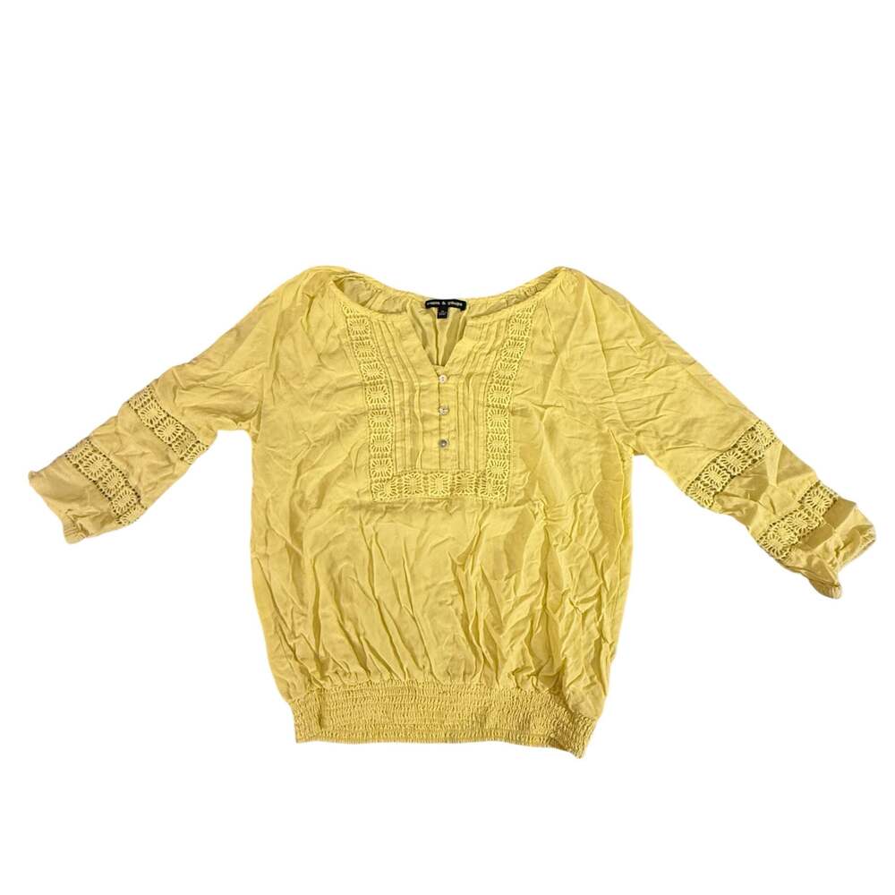 Cable & Gauge Women's Yellow 3/4 Sleeve Blouse w
Crochet Detail Smocked Hem Med